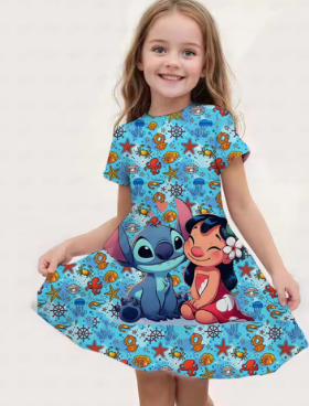 Summer Hot Sale Disney Stitch Girl Dress Kid/Adult Parent-Child Dress 3D Printed Pink Blue Stitch Cartoon Party Dress Beach Gift