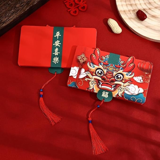 Berbo 2024龙年红包中国风流苏创意烫金红包袋春节利是封新年红包-喜庆龙王款 (Joyful Dragon King - Peace and Joy, 10 Card Slots)