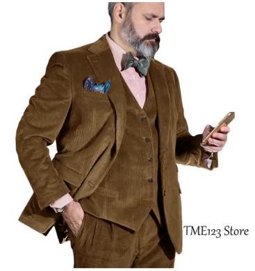 Men's three-piece retro corduroy single-breasted slim-fit business suit jacket wedding best groomsman suit (jacket + vest + pant