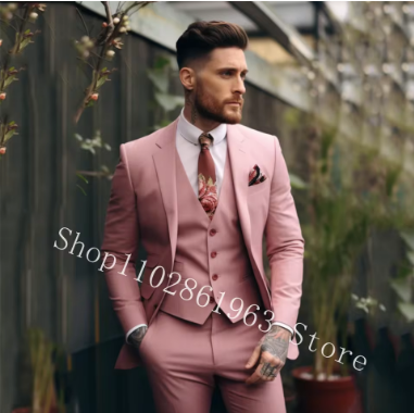 Pink Elegant Men Suits Slim Fit Notched Lapel Two Buttons Casual Suit Male Tuxedos For Wedding Blazer Pants Costume Homme
