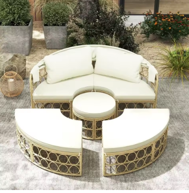 Outdoor Patio Round Daybed with Retractable Canopy, Patiojoy PE Rattan Wicker Sectional Seating Furniture with Soft Cus