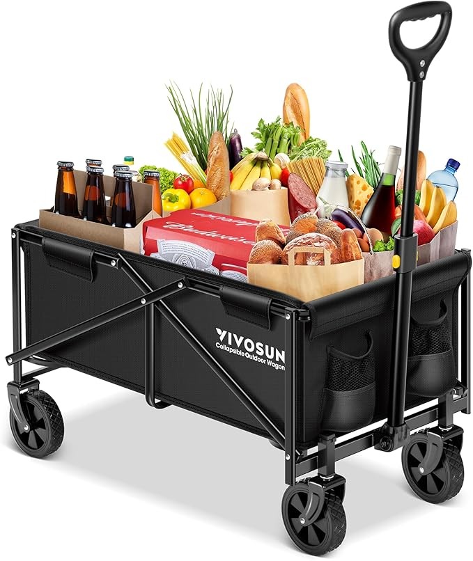 VIVOSUN Collapsible Folding Wagon, Outdoor Utility with All-Terrain Wheels, Adjustable Handle, Cup Holders & Side Pockets, for Camping, Shopping, Garden, 210Lbs Capacity, Black