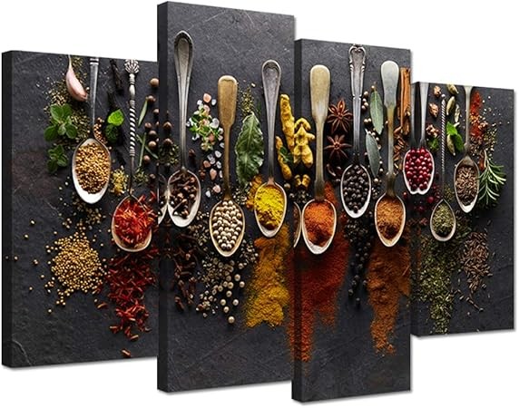 iHAPPYWALL Kitchen Pictures Wall Decor 4 Pieces Couful Spice in Spoon Vintage Canvas Wall Art Food Photos Painting On Canvas Stretched Framed Home Decoration Gift Ready to Hang