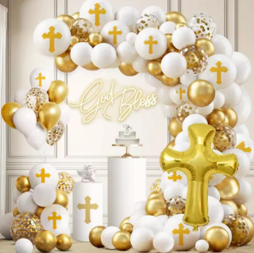 128PCS First Communion and Baptism Party Decoration Kit Cross Foil Balloons Are Used To Celebrate The First Communion with God