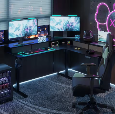 63" L Shaped Gaming Desk with 3 Drawers, Height Adjustable Stand Up Desks, Standing Desk with Monitor Stand