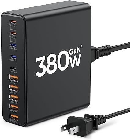 380W USB C Charger,10-Port USB C Charging Station GaN III Fast Charging Station Hub Laptop Adapter for MacBook Pro/Air,iPad,iPhone,Dell XPS,Samsung Galaxy (Black)