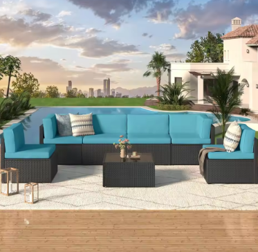 Outdoor Sectional Furniture Chair Set with Cushions and Tea Table, Grey Rattan and Grey Cushion