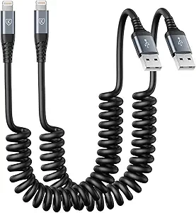 Coiled Lightning Cable, iPhone Charger Cable 3FT for Car, 2 Pack [Apple MFi Certified] 3 Feet Lightning Cord Compatible with iPhone14/13/12/11 Pro Max/XS MAX/XR/XS/X/8/7/Plus/6S iPad/iPod- Black