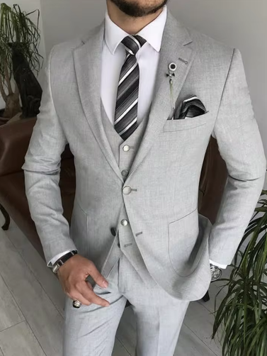 3 Piece Light Gray Notch Lapel Single Breasted Suits for Men Chic Formal Casual Business Wedding Tuxedo (Blazer+Vest+Pants)