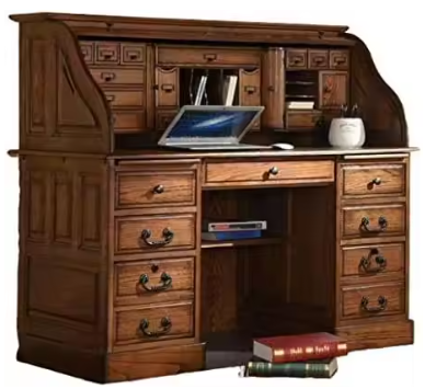 Top Desk Solid Oak Wood - 54 Inch Deluxe Executive Rolltop Desk Burnished Walnut Stain for Home Office Secretary Organizer Roll