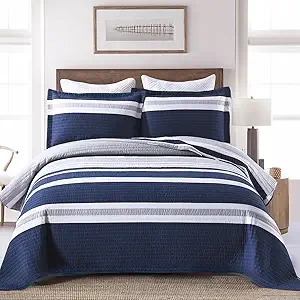SahSahCasa Quilt Queen Size, 100% Cotton Queen Quilt Set, Navy Blue Striped Quilt, Queen Quilt Bedding Set Bedspreads, Lightweight Comforter for Queen Bed, All Season, Navy Blue, 3 Pieces