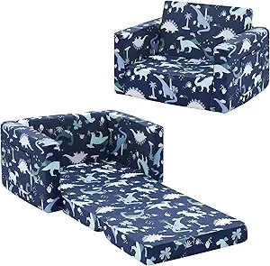 Ulax furniture Children Sofa Chair for Reading, Kids FILP-Out Polyurethane Chair, Lightweight, Convertible Sofa to Sleeper Couch (Navy Dinosaur)